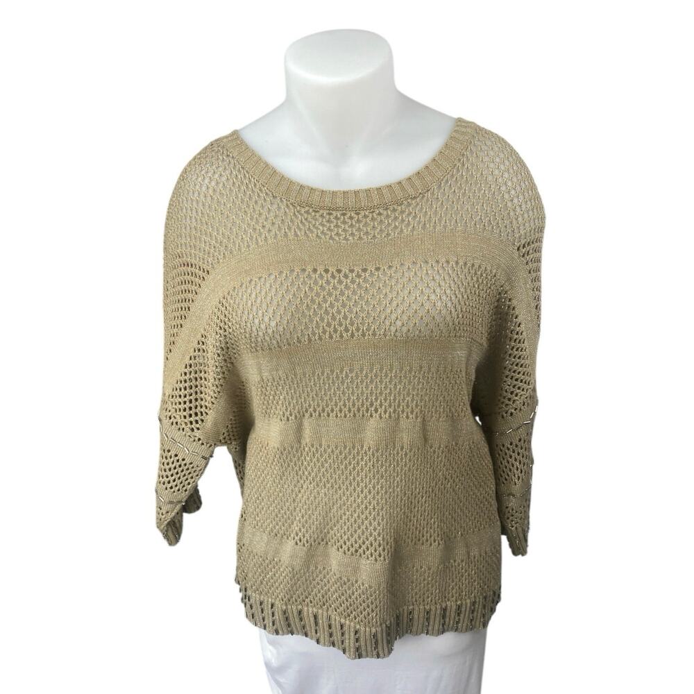 Belldini Women's Brown Tan Metallic Open Knit Crochet Long Sleeve Sweater Top 3X